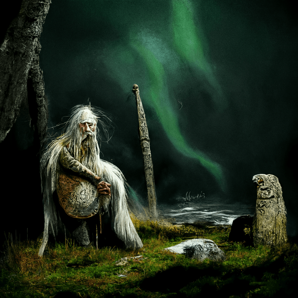 "a peaceful old norse land spirit" made with MidJourney