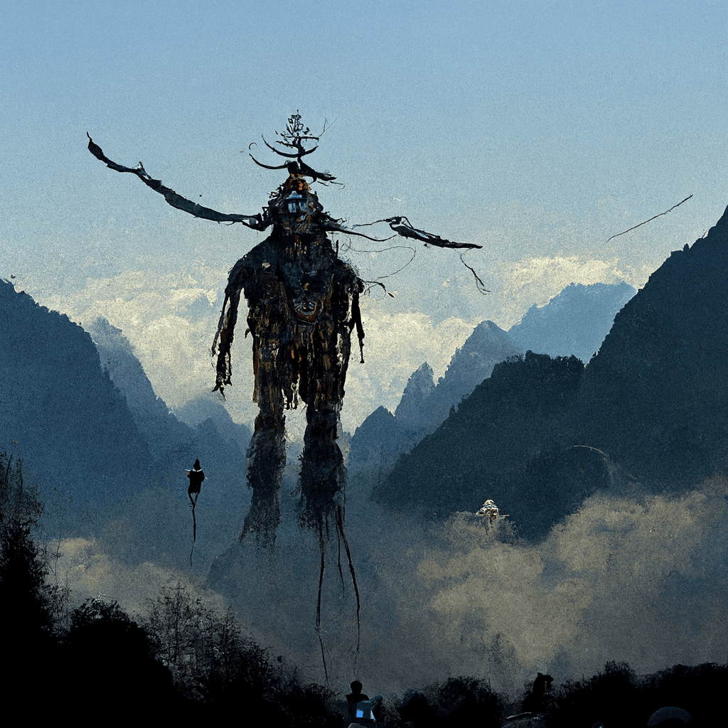 "floating giant shaman in the mountains" made with MidJourney