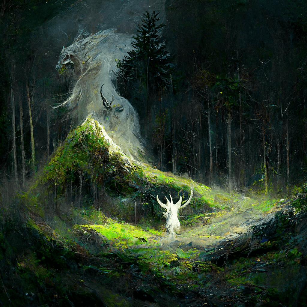 "a fierce land spirit residing in the wooded mountains" made with MidJourney