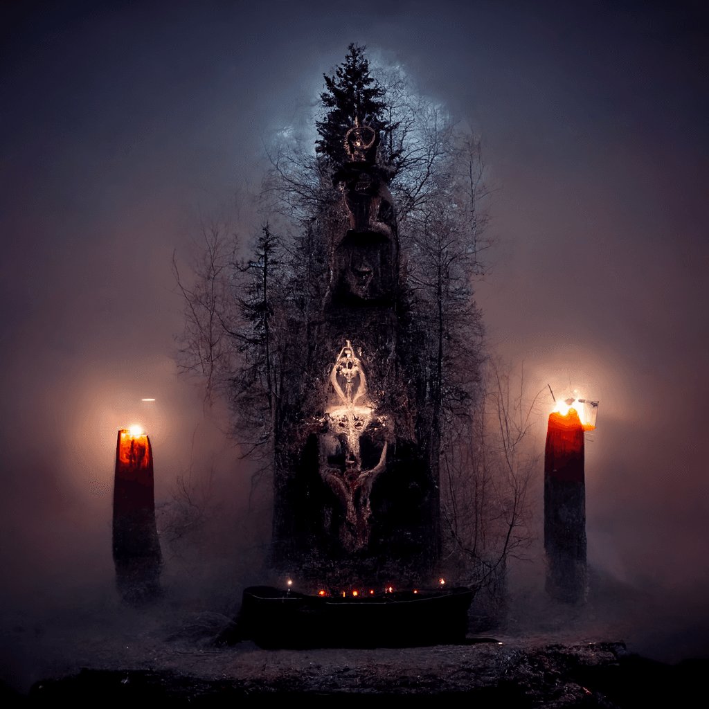 "an altar to the pagan forest spirits" made with MidJourney