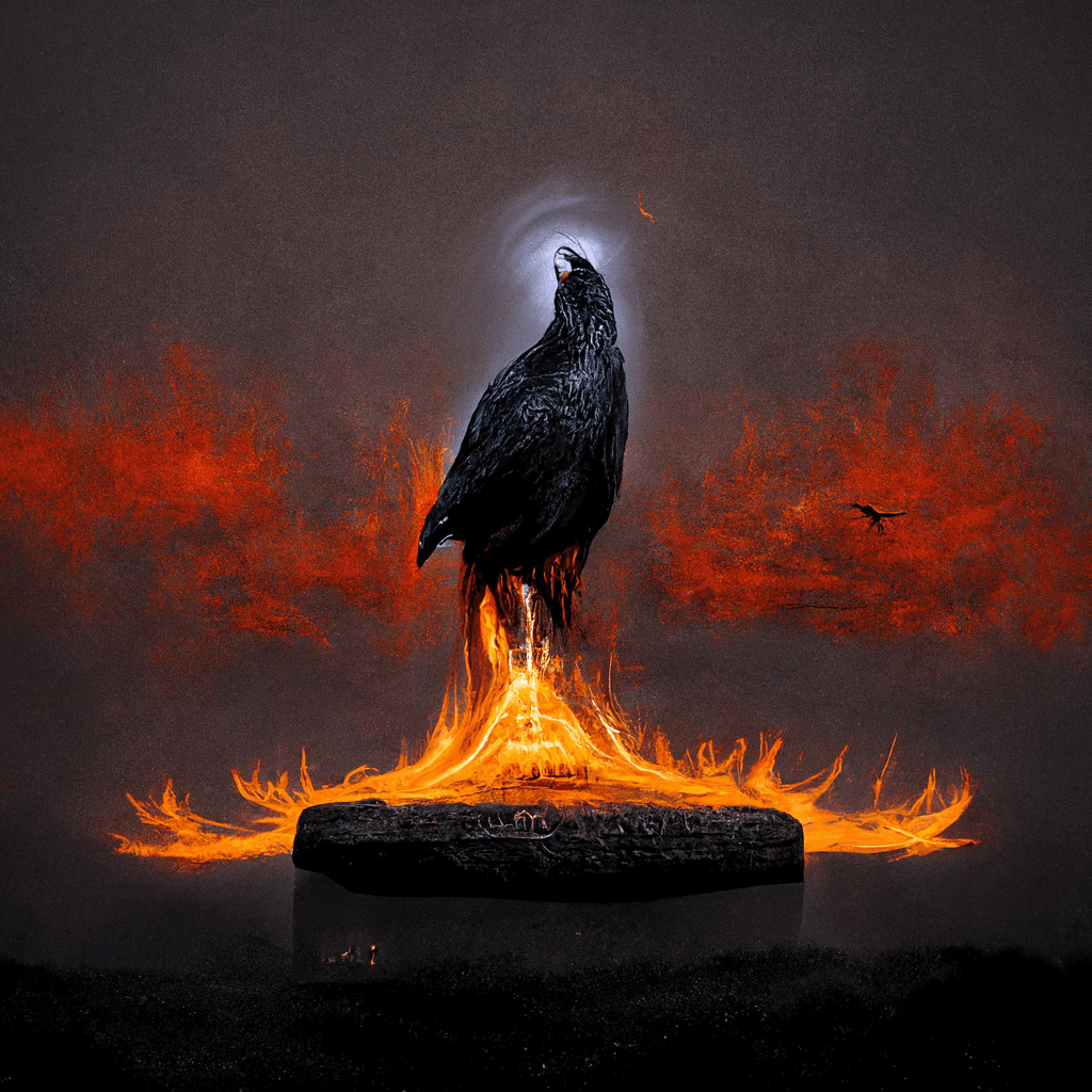 "runic raven monolith surrounded by fire" made with MidJourney