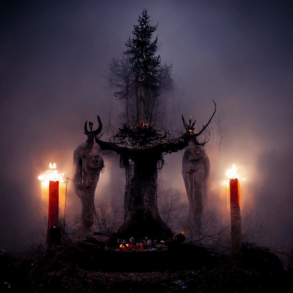 "an altar to the pagan forest spirits" made with MidJourney