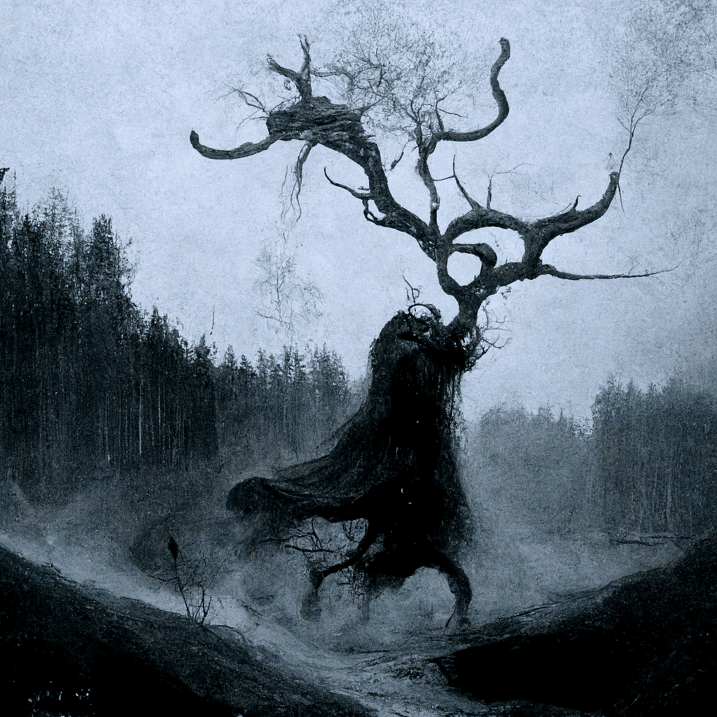 "old norse spirit emerging from a tree trunk, dark forest and fog" made with MidJourney