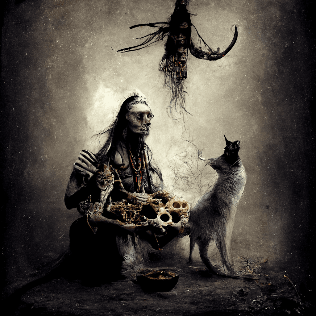 "a shaman with a cat companion spirit surrounded by bones" made with MidJourney