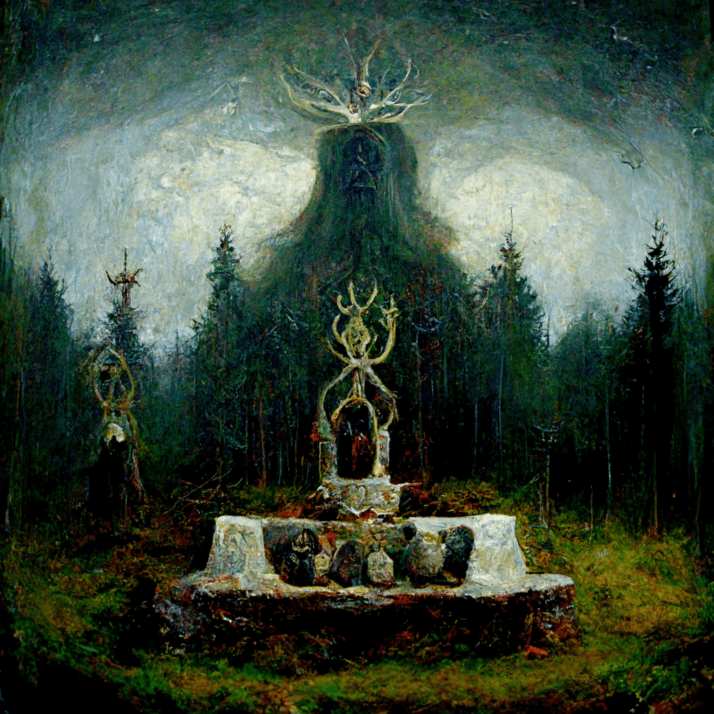 "an altar to the pagan forest spirits" made with MidJourney