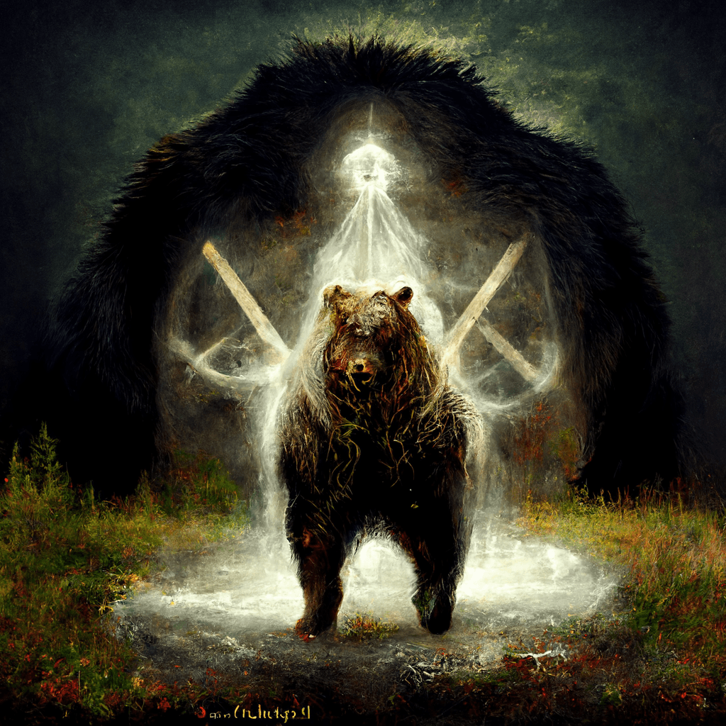 "half warrior half bear spirit paganism" made with MidJourney