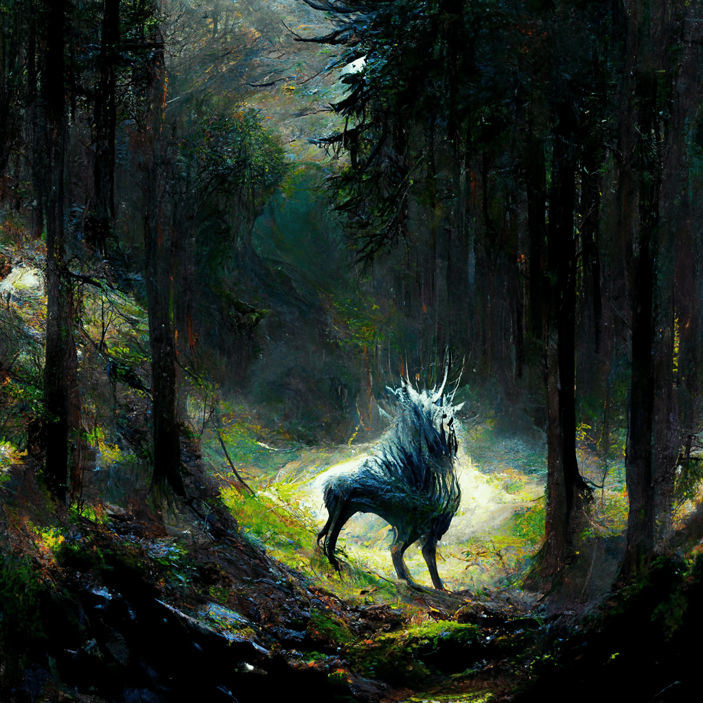 "a fierce land spirit residing in the wooded mountains" made with MidJourney