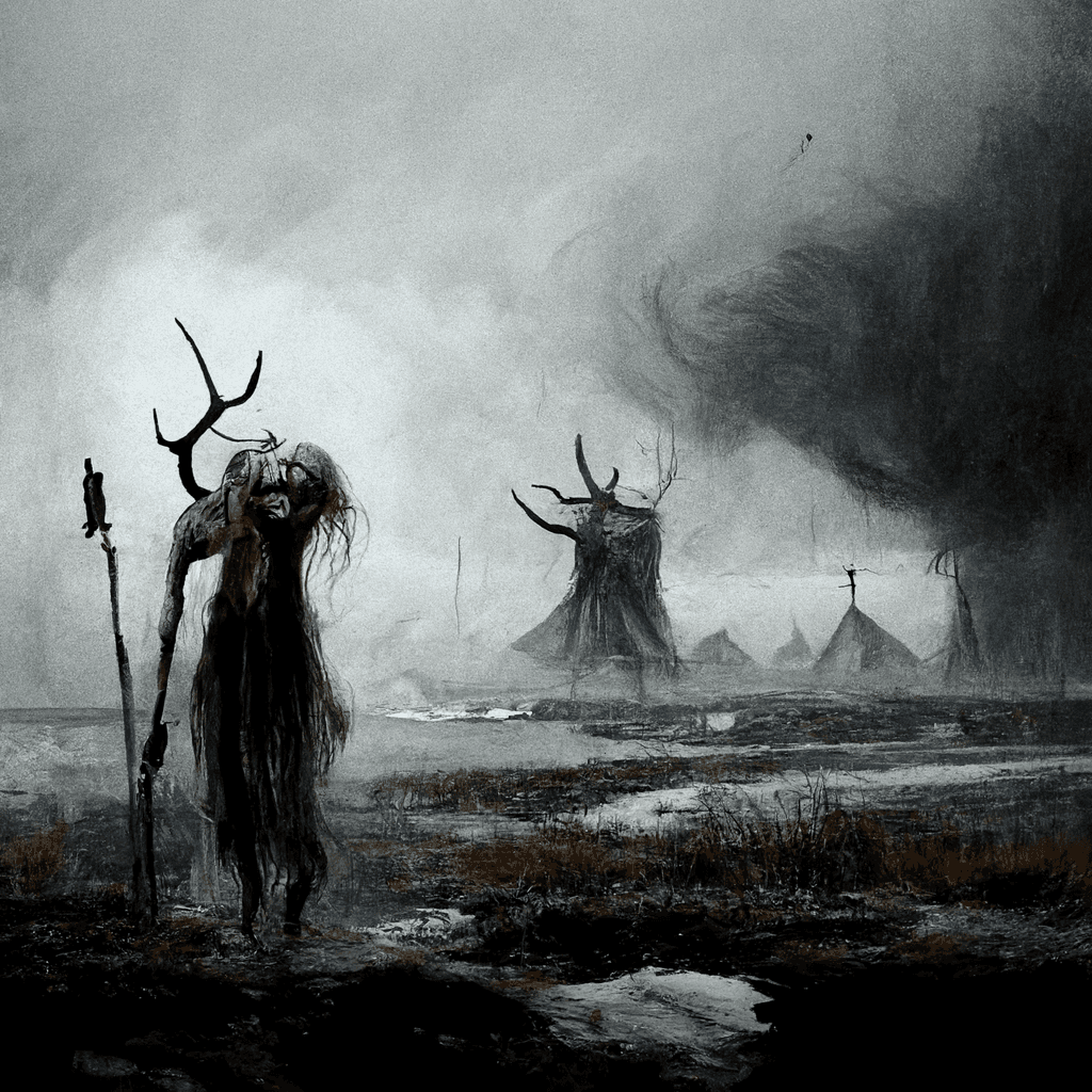 "a tormented afterlife spirit in a norse wasteland" made with MidJourney