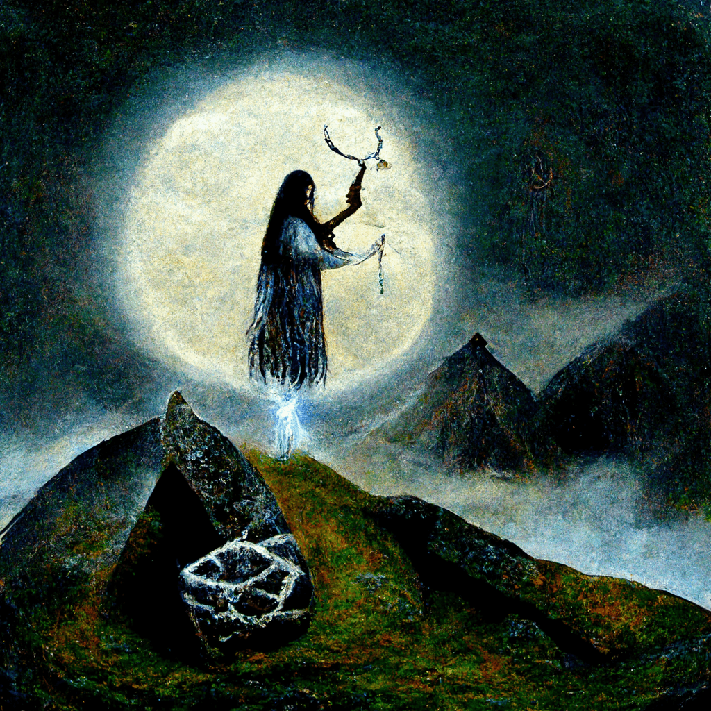 "pagan mountain spirit wearing an amulet of stone and aether" made with MidJourney