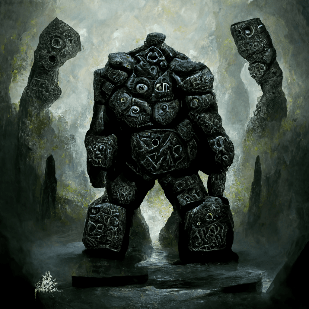 "dark stone golem with runic carvings" made with MidJourney