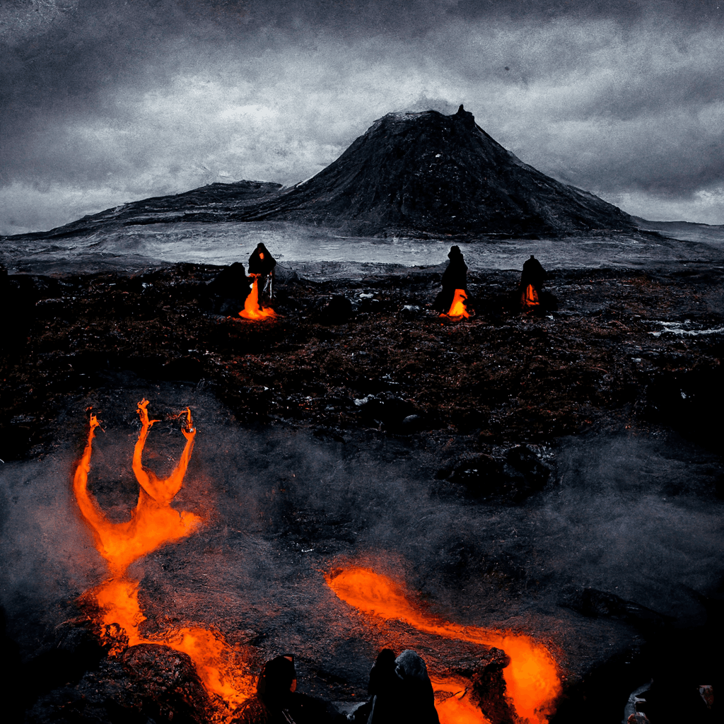 "old norse shaman ritual on black lava" made with MidJourney