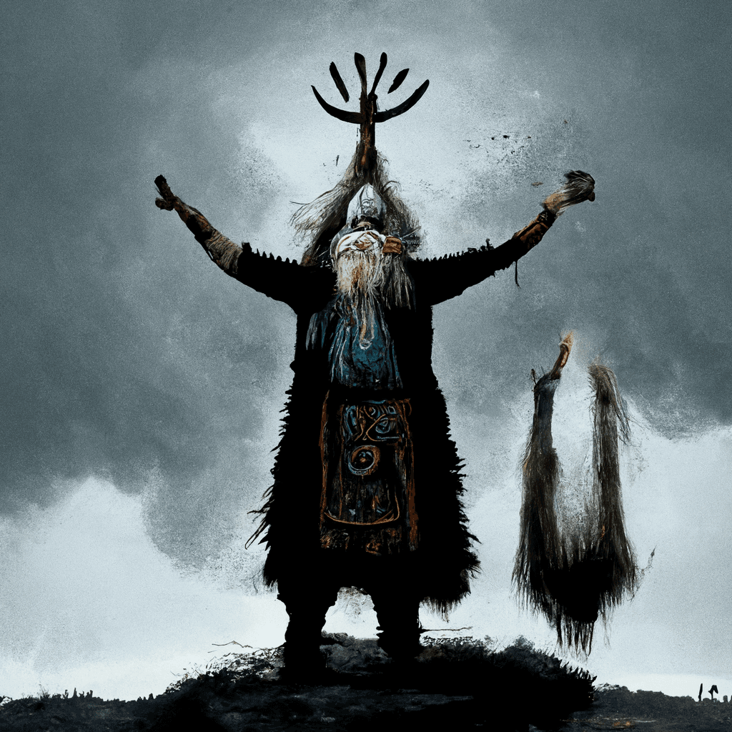 "an old norse thunder shaman with raised hands" made with MidJourney