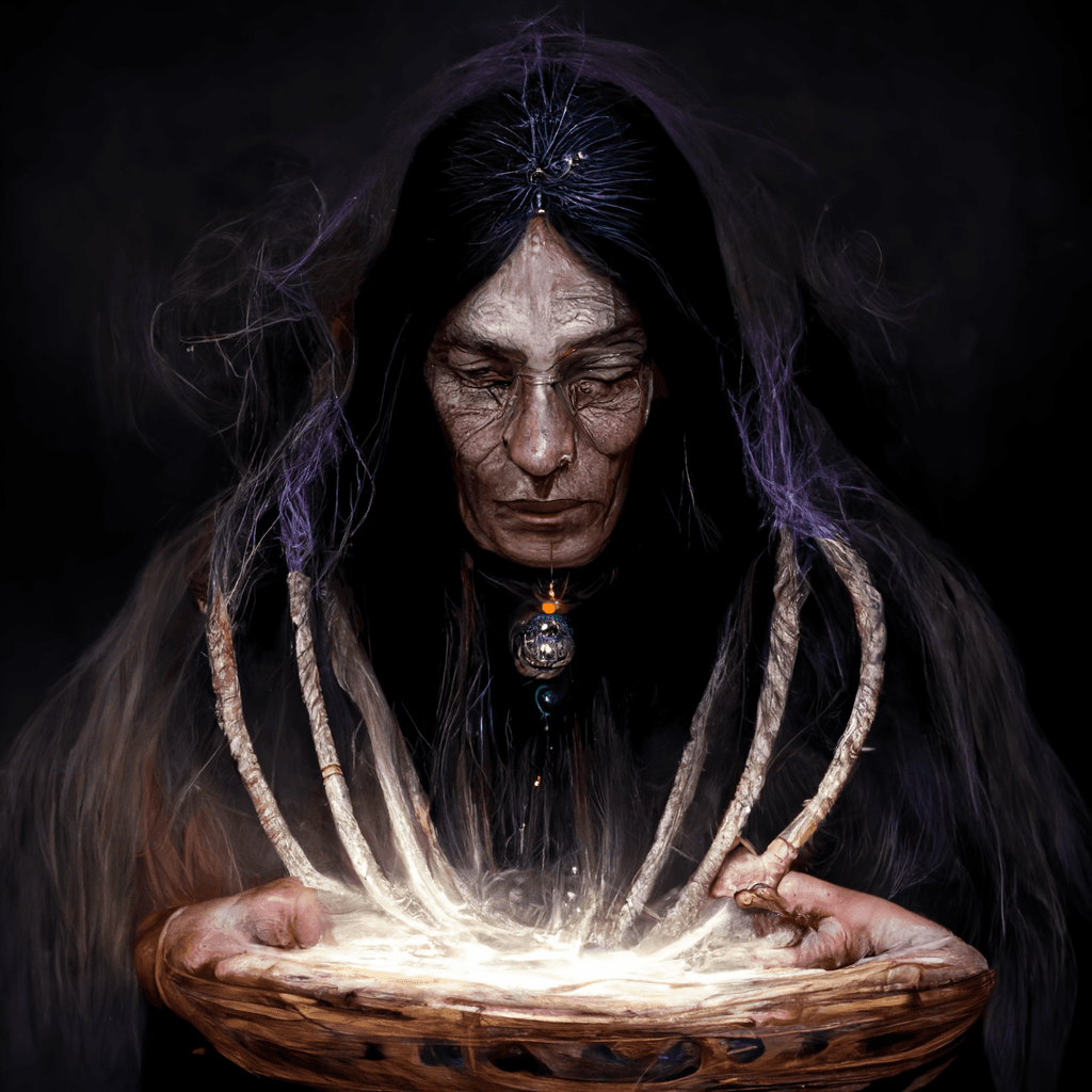 "pagan dark spirit weaver" made with MidJourney