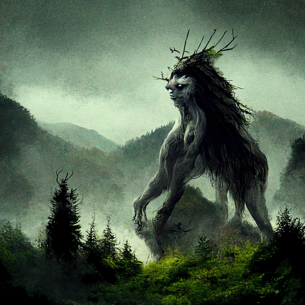 "a fierce land spirit residing in the wooded mountains" made with MidJourney