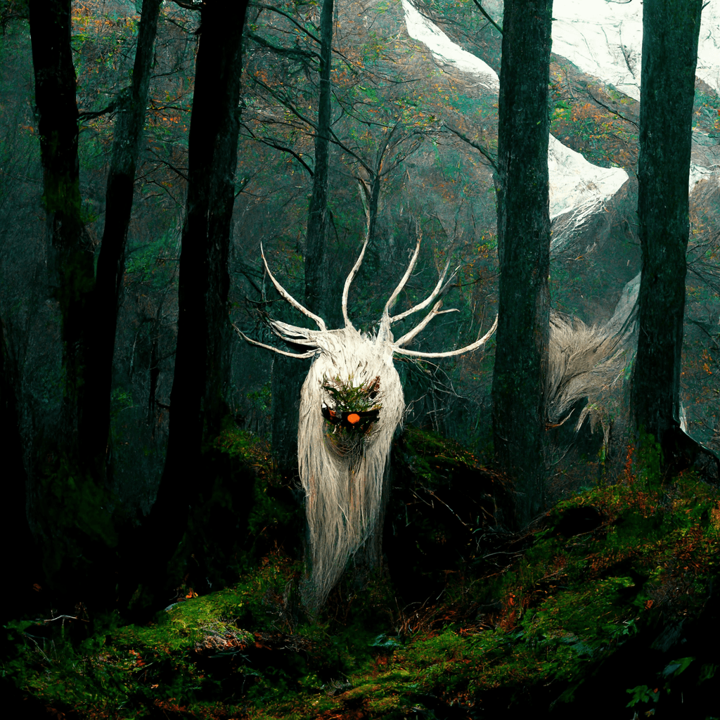 "a fierce land spirit residing in the wooded mountains" made with MidJourney