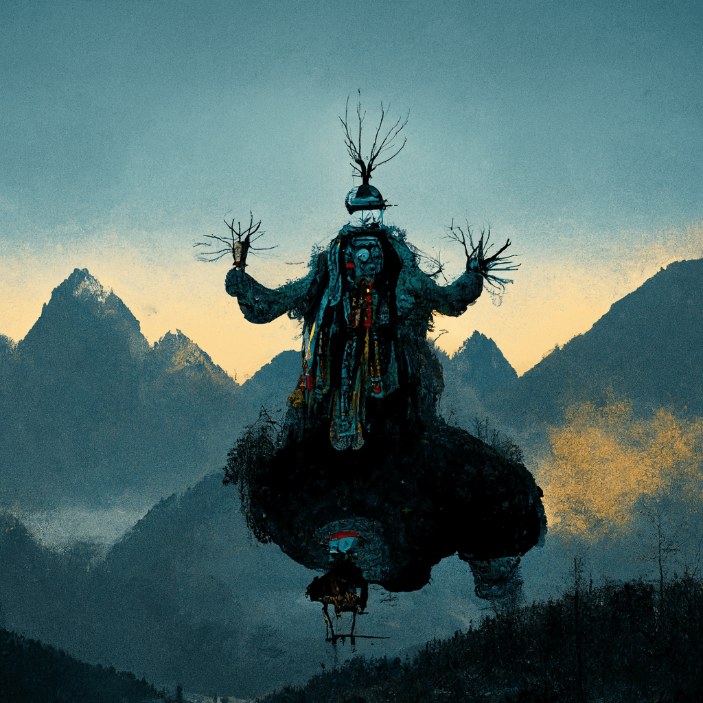 "floating giant shaman in the mountains" made with MidJourney