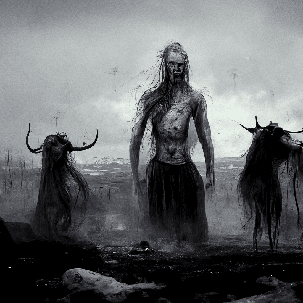 "a tormented afterlife spirit in a norse wasteland" made with MidJourney