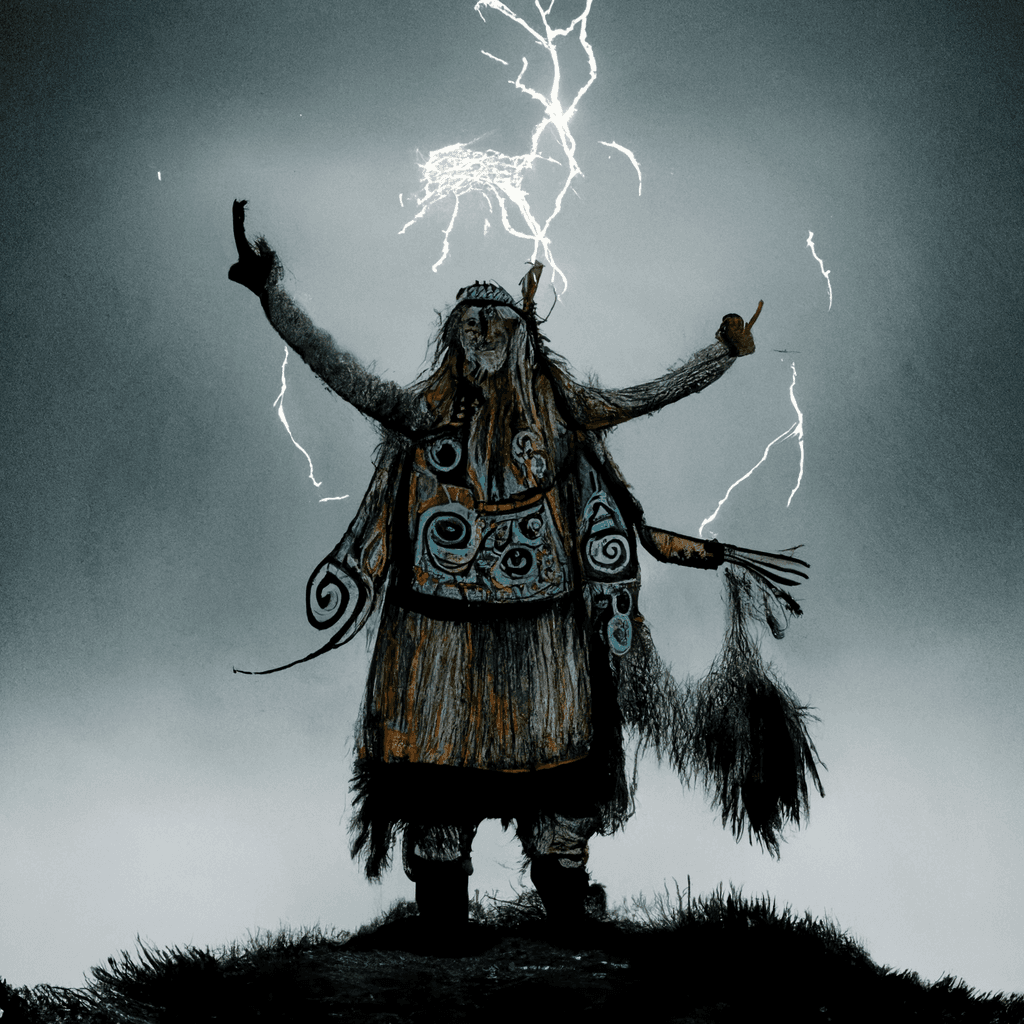 "an old norse thunder shaman with raised hands" made with MidJourney