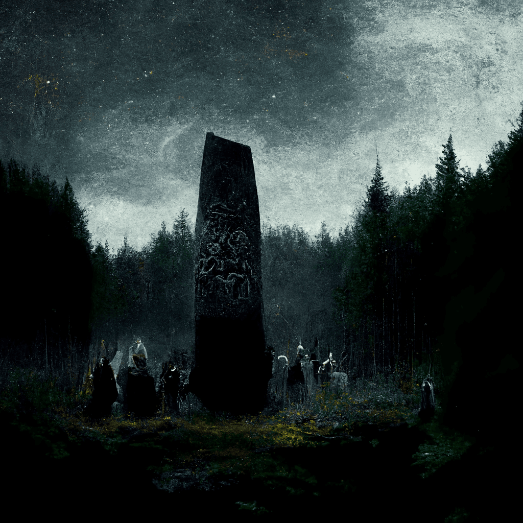 "an old norse dark monolith in the forest surrounded by spirits" made with MidJourney