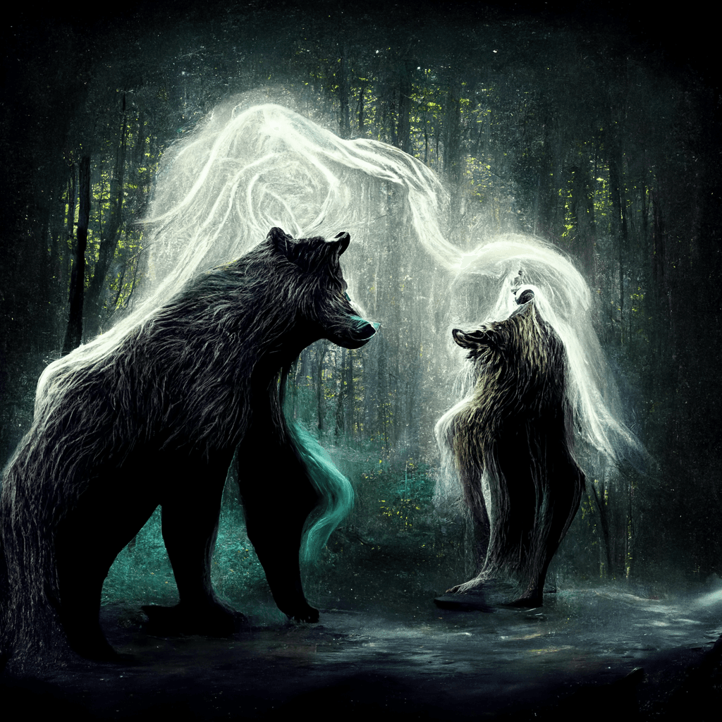 "a bear spirit and a wolf spirit that are intertwined in the dark forest" made with MidJourney