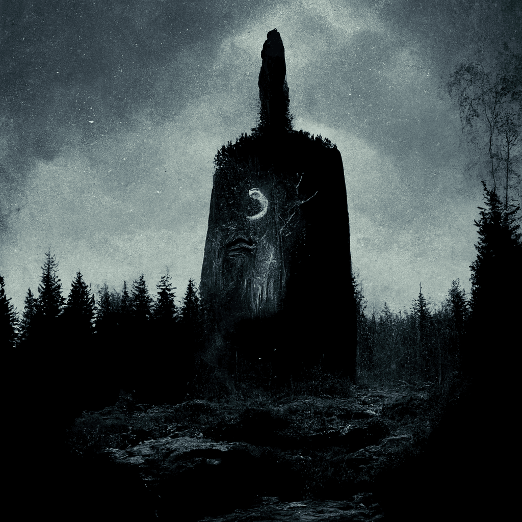 "an old norse dark monolith in the forest surrounded by spirits" made with MidJourney