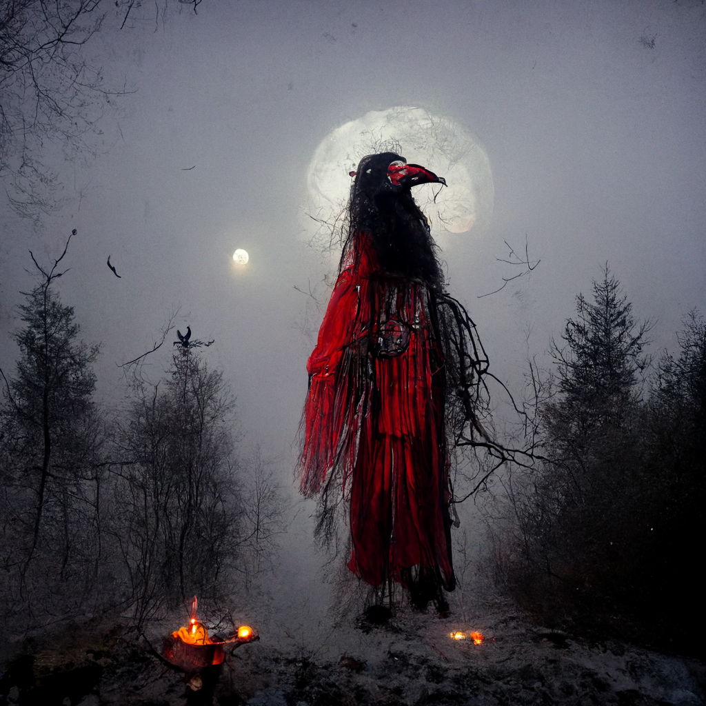 "a foggy pagan ritual, raven spirit in the woods, red moon, photorealistic" made with MidJourney