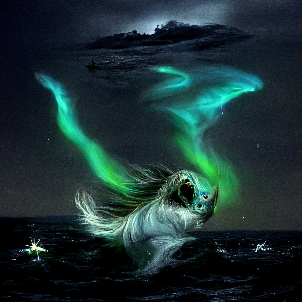 "a fierce sea spirit with the northern lights" made with MidJourney
