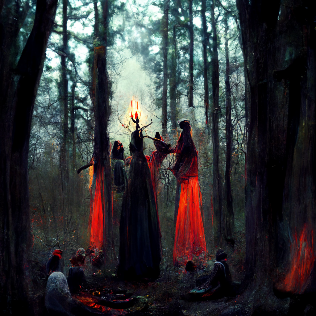 "ritual in the woods" made with MidJourney