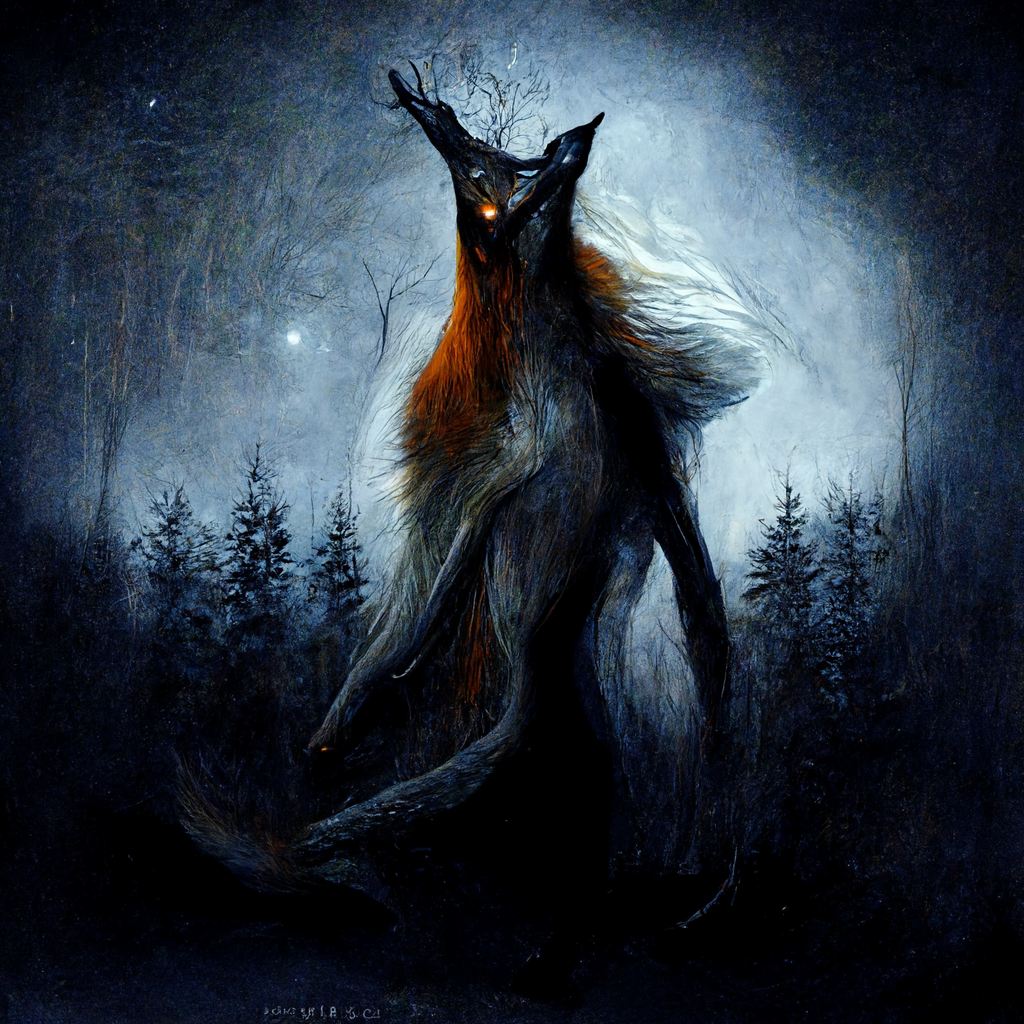 "mythical norse fox spirit in dark forest" made with MidJourney
