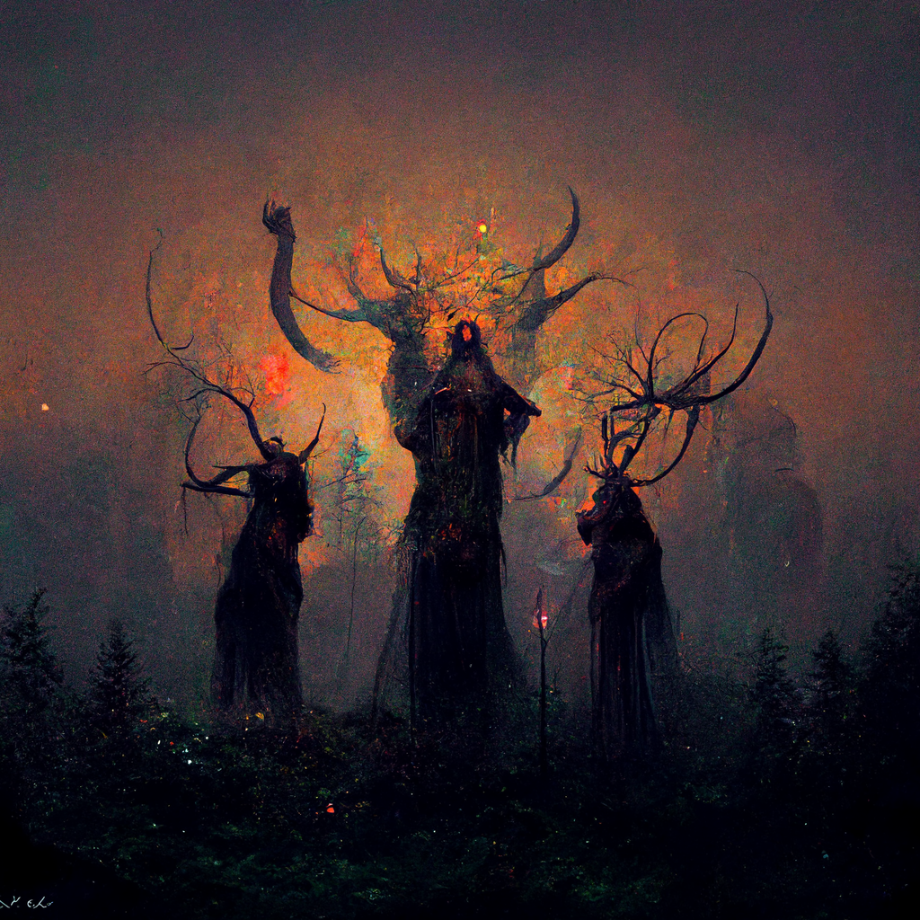 "ritual of the forest gods" made with MidJourney