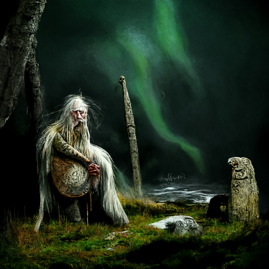 "a peaceful old norse land spirit" made with MidJourney