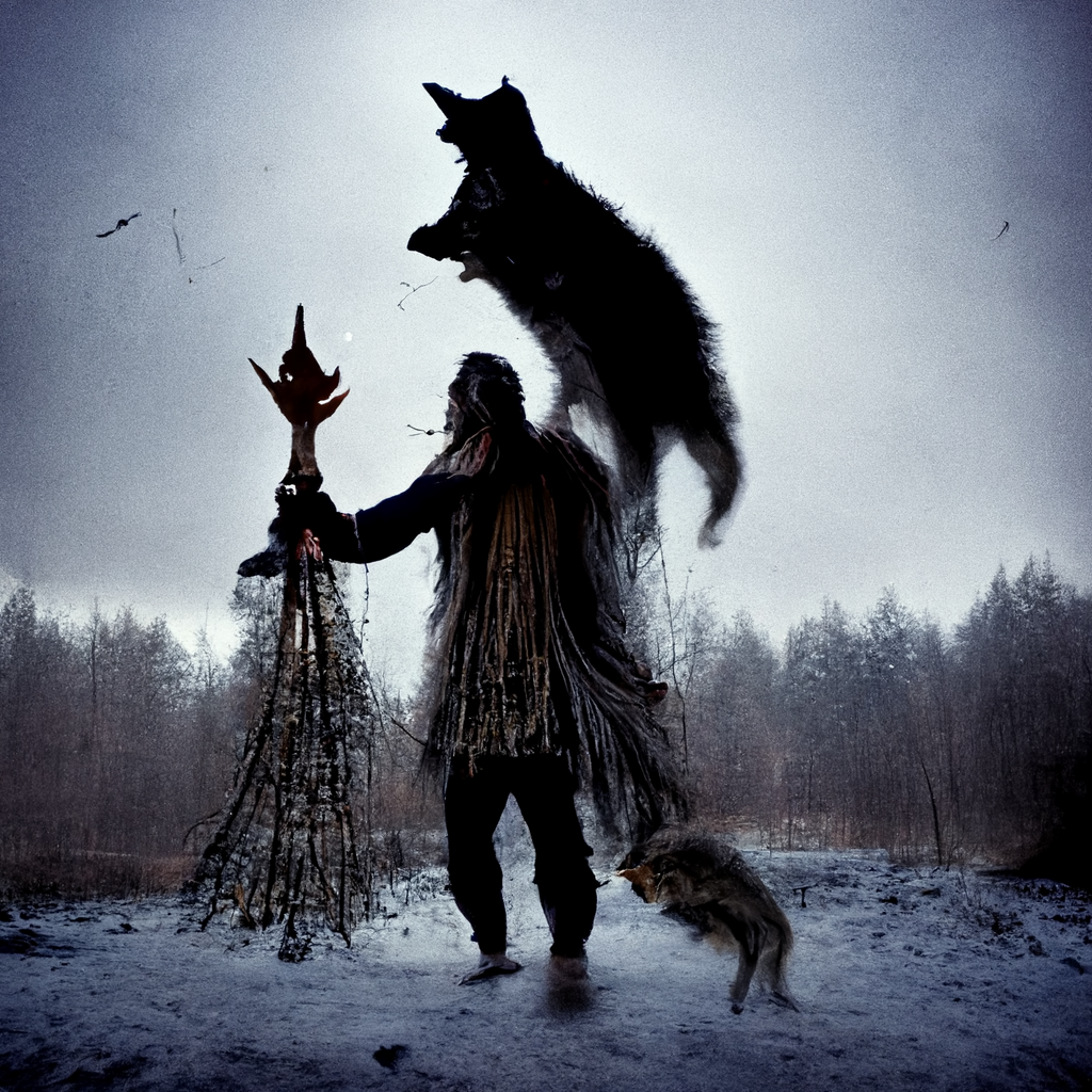 "pagan folk shaman summoning a wolf spirit" made with MidJourney