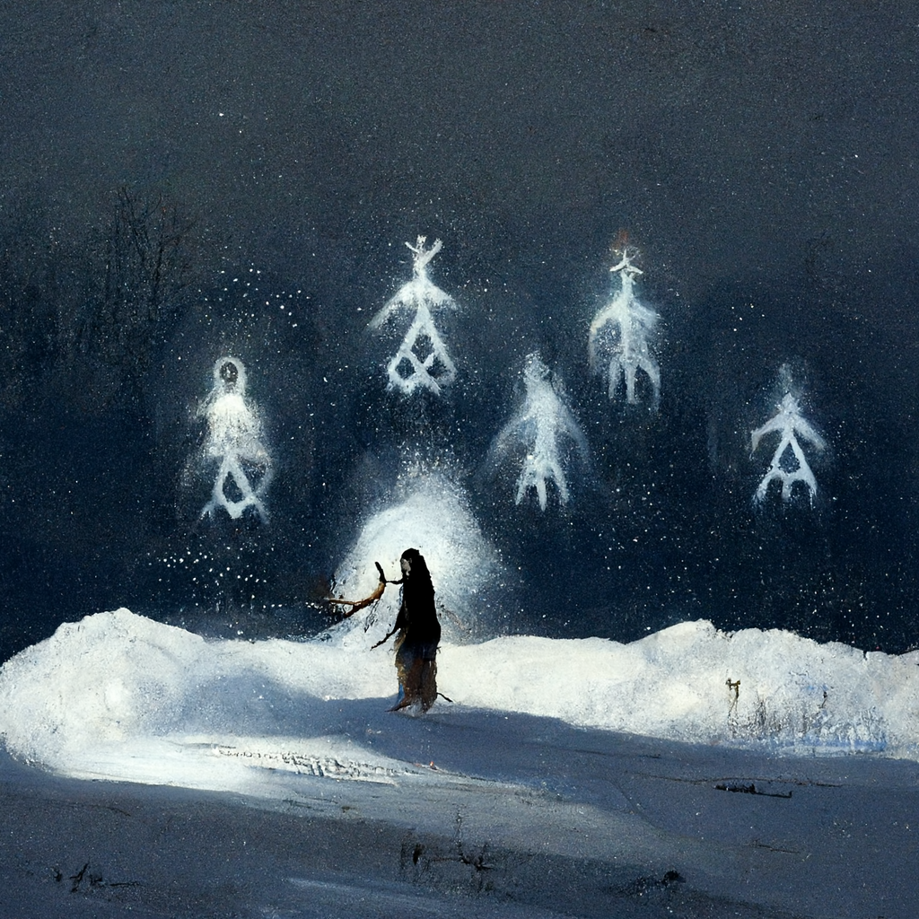 "ancient spirit ritual in snow" made with MidJourney