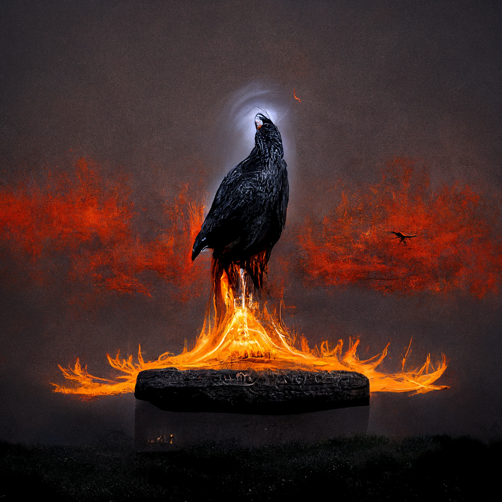 "runic raven monolith surrounded by fire" made with MidJourney