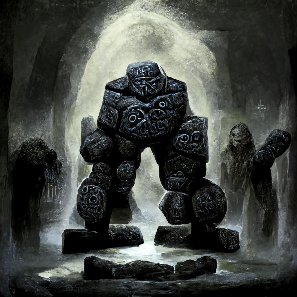 "dark stone golem with runic carvings" made with MidJourney