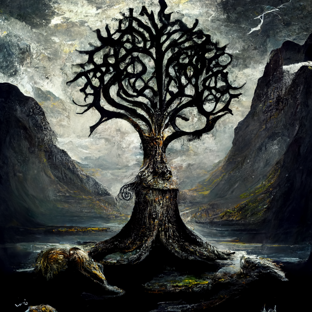 "old norse tree of fate, realistic" made with MidJourney