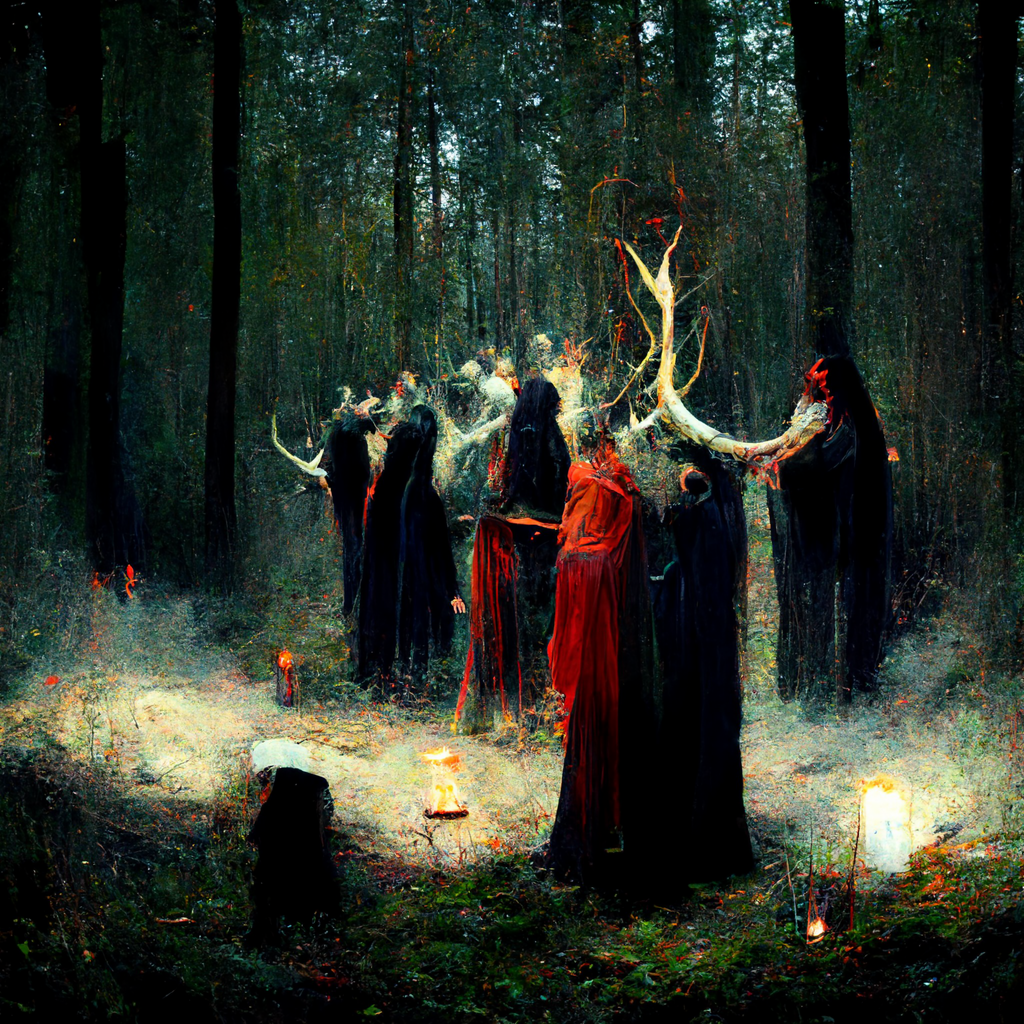 "ritual in the woods" made with MidJourney