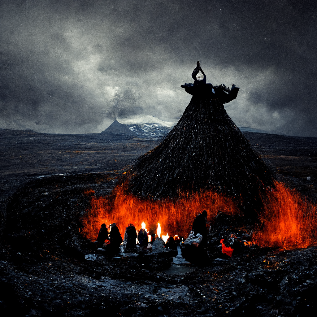 "old norse shaman ritual on black lava" made with MidJourney