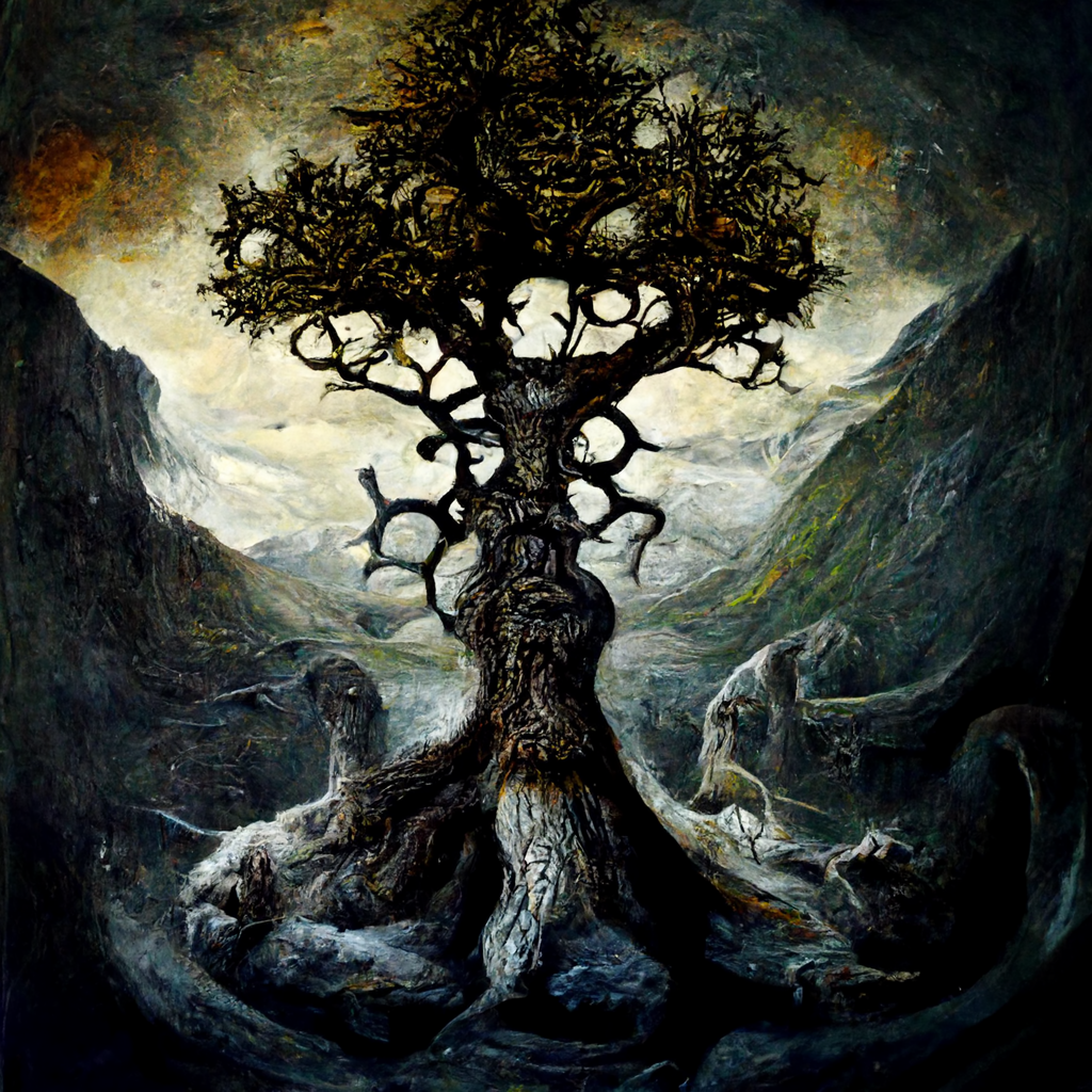 "old norse tree of fate, realistic" made with MidJourney