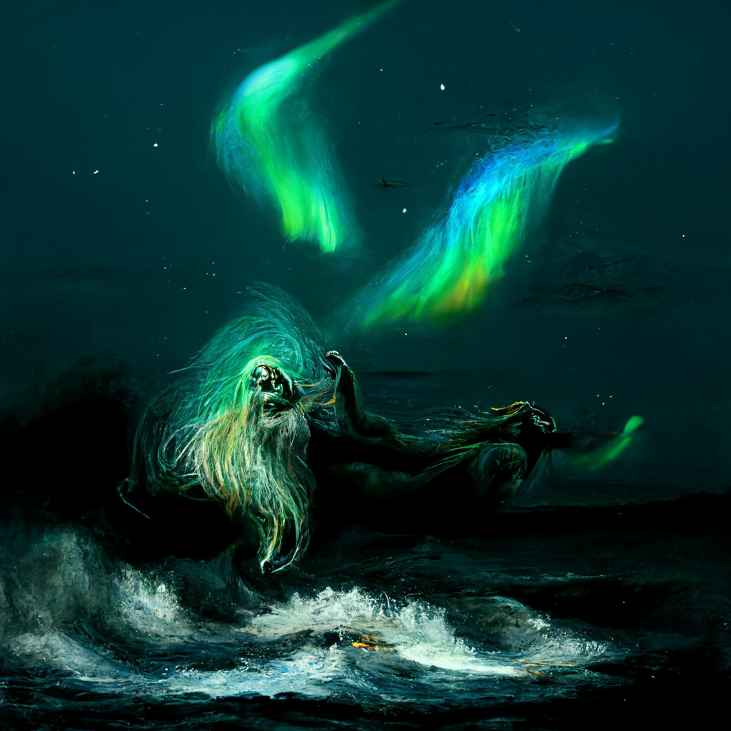 "a fierce old norse sea spirit with aurora borealis" made with MidJourney