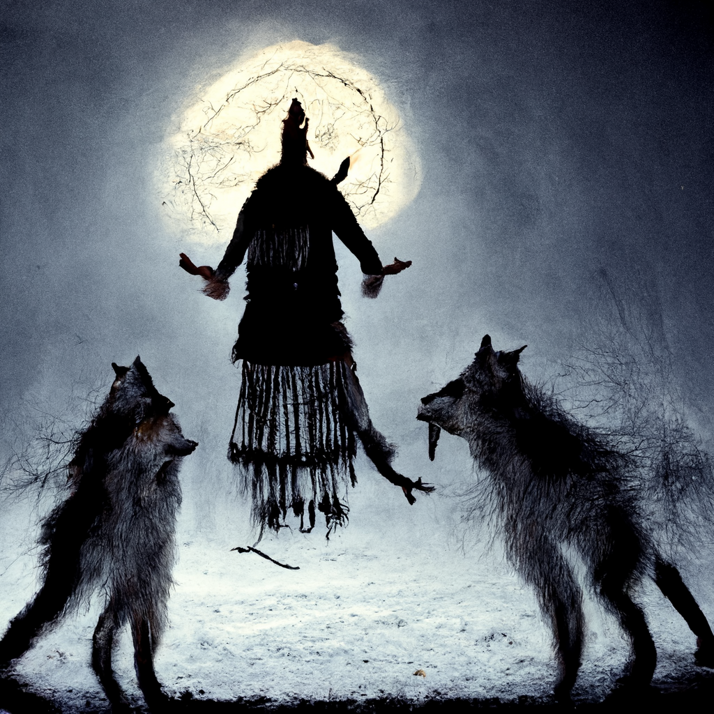 "pagan folk shaman summoning a wolf spirit" made with MidJourney