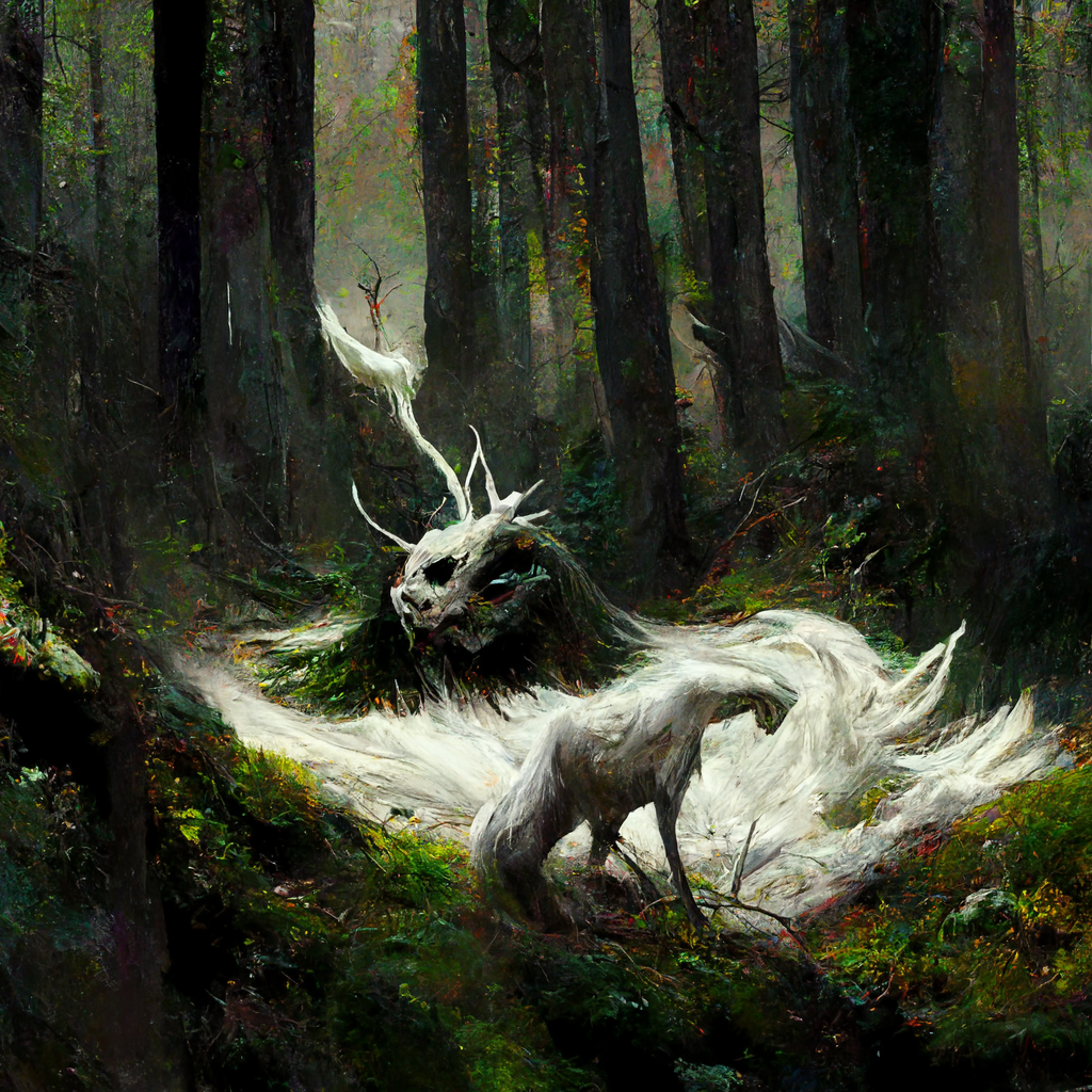 "a fierce land spirit residing in the wooded mountains" made with MidJourney