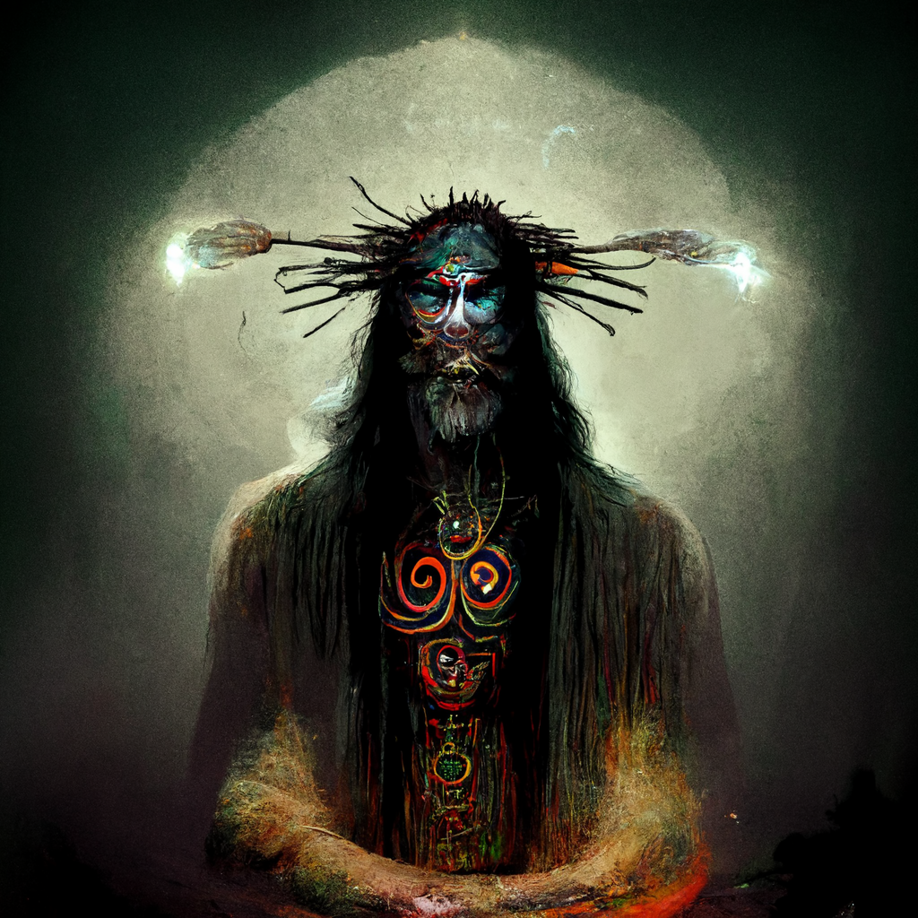 "a psychadellic pagan shaman" made with MidJourney
