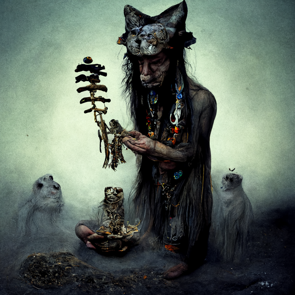 "a shaman with a cat companion spirit surrounded by bones" made with MidJourney