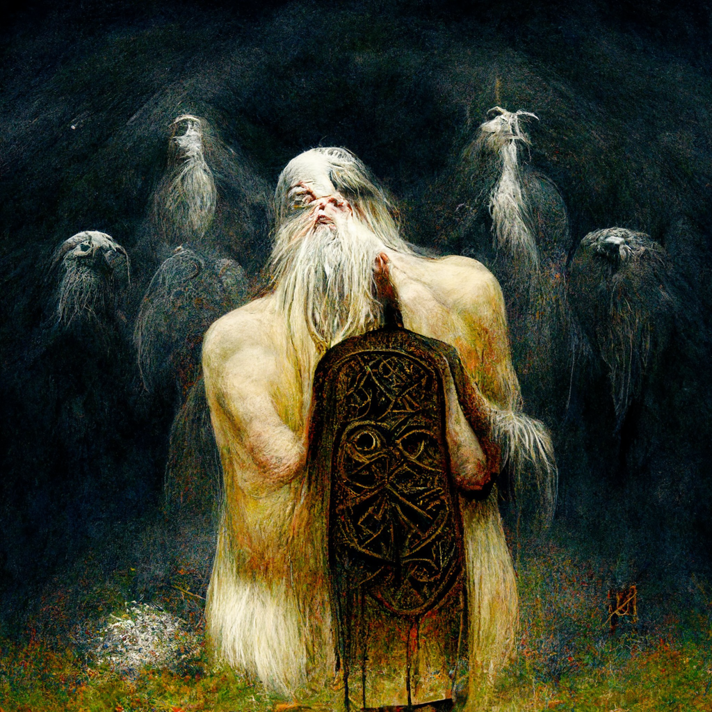 "a divine old norse spirit looking down at kneeling followers" made with MidJourney