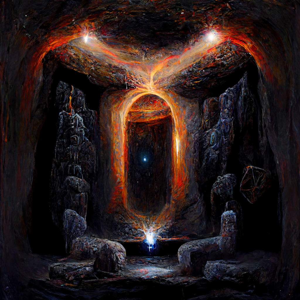 "runic dark energy portal in a cave" made with MidJourney