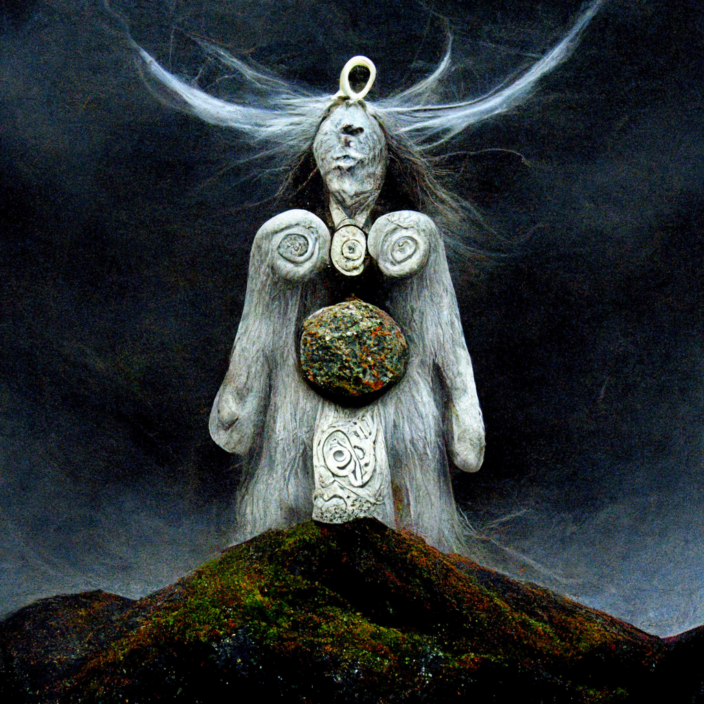 "pagan mountain spirit wearing an amulet of stone and aether" made with MidJourney