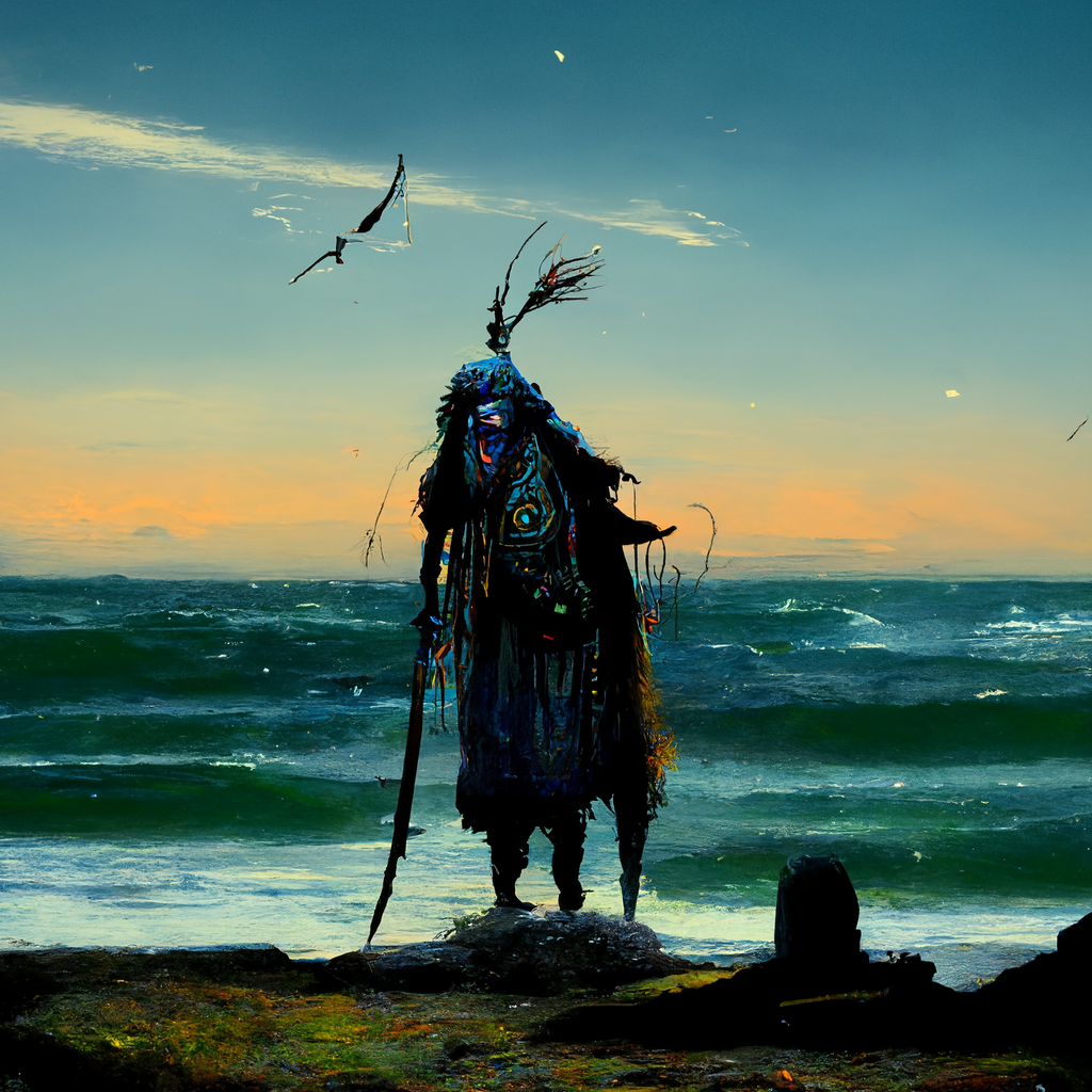 "shaman watcher by the sea" made with MidJourney