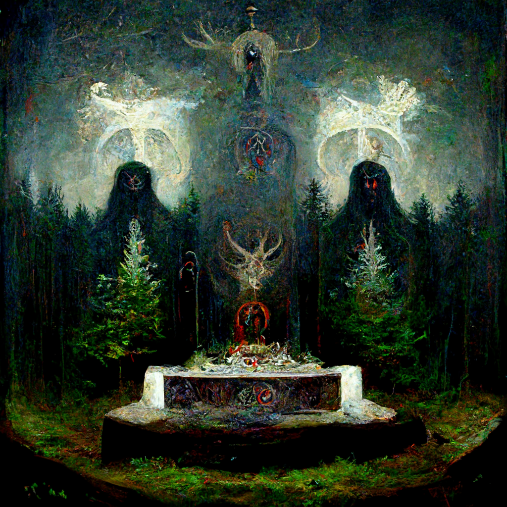 "an altar to the pagan forest spirits" made with MidJourney