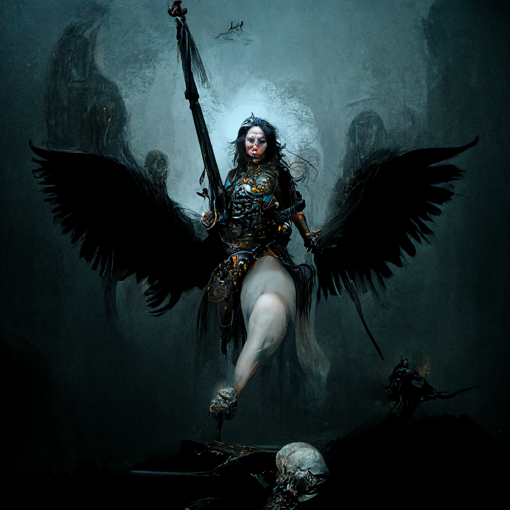 "fantasy shadow valkyrie raising the dead" made with MidJourney